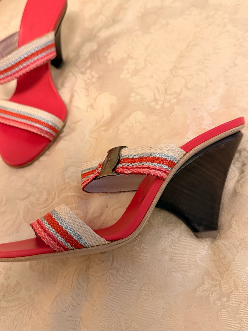 Ferragamo Strappy Wedge Sandals in Coral